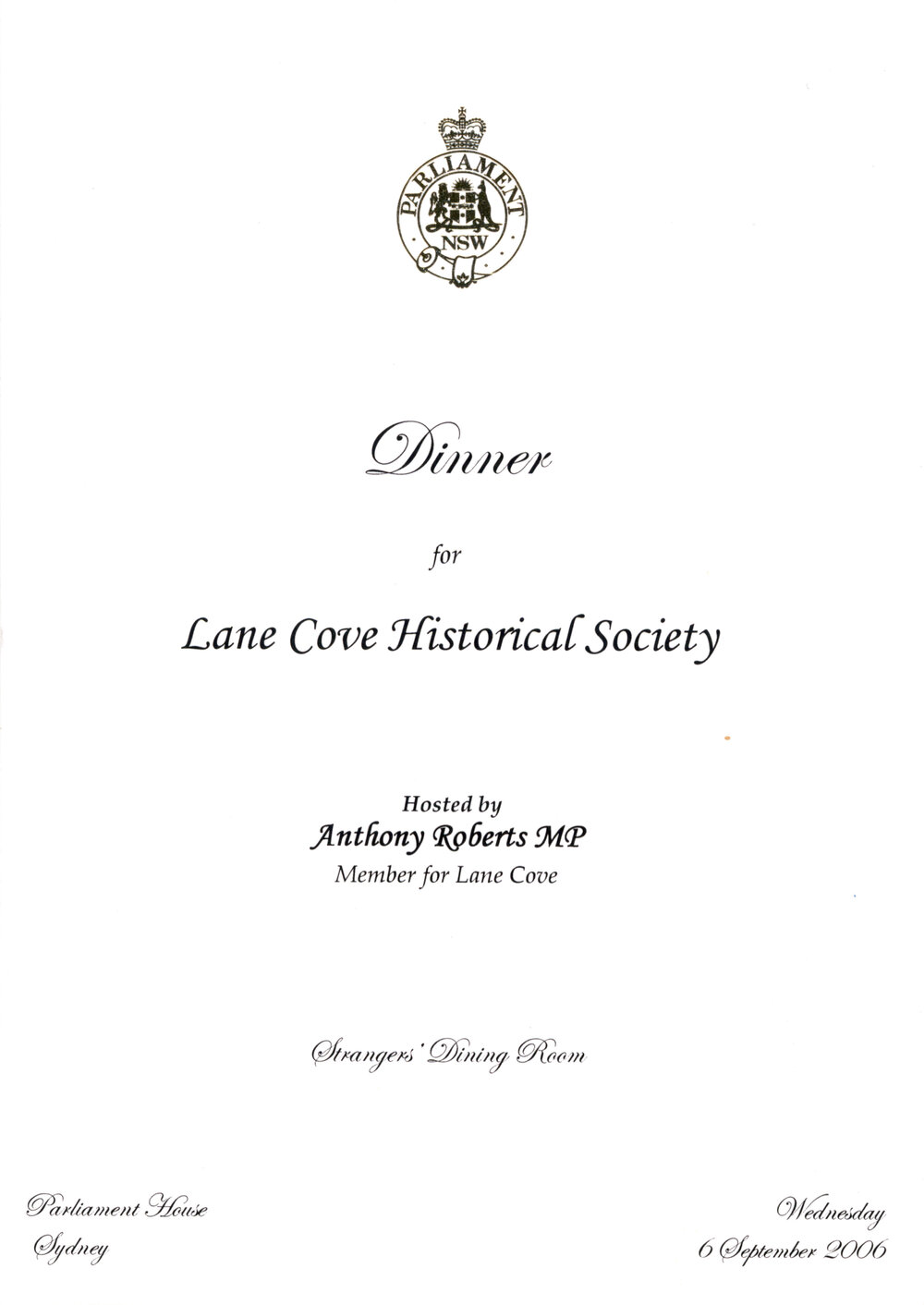 Menu - Dinner Lane Cove Historical Society, Parliament House - 2006