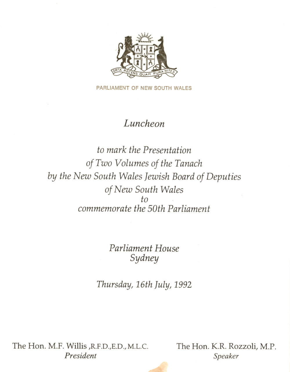 Menu - Luncheon Jewish Board of Deputies of NSW, Parliament House - 1992