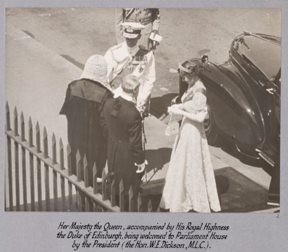 Queen Elizabeth II and Duke of Edinburgh welcomed to Parliament House by the President the Hon W. E Dickson