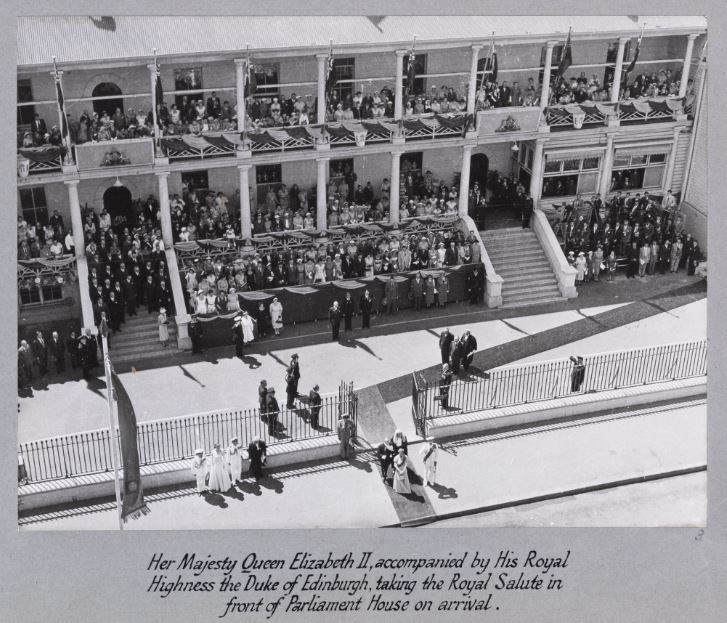 Queen Elizabeth II taking the Royal Salute in front of Parliament House - 1954