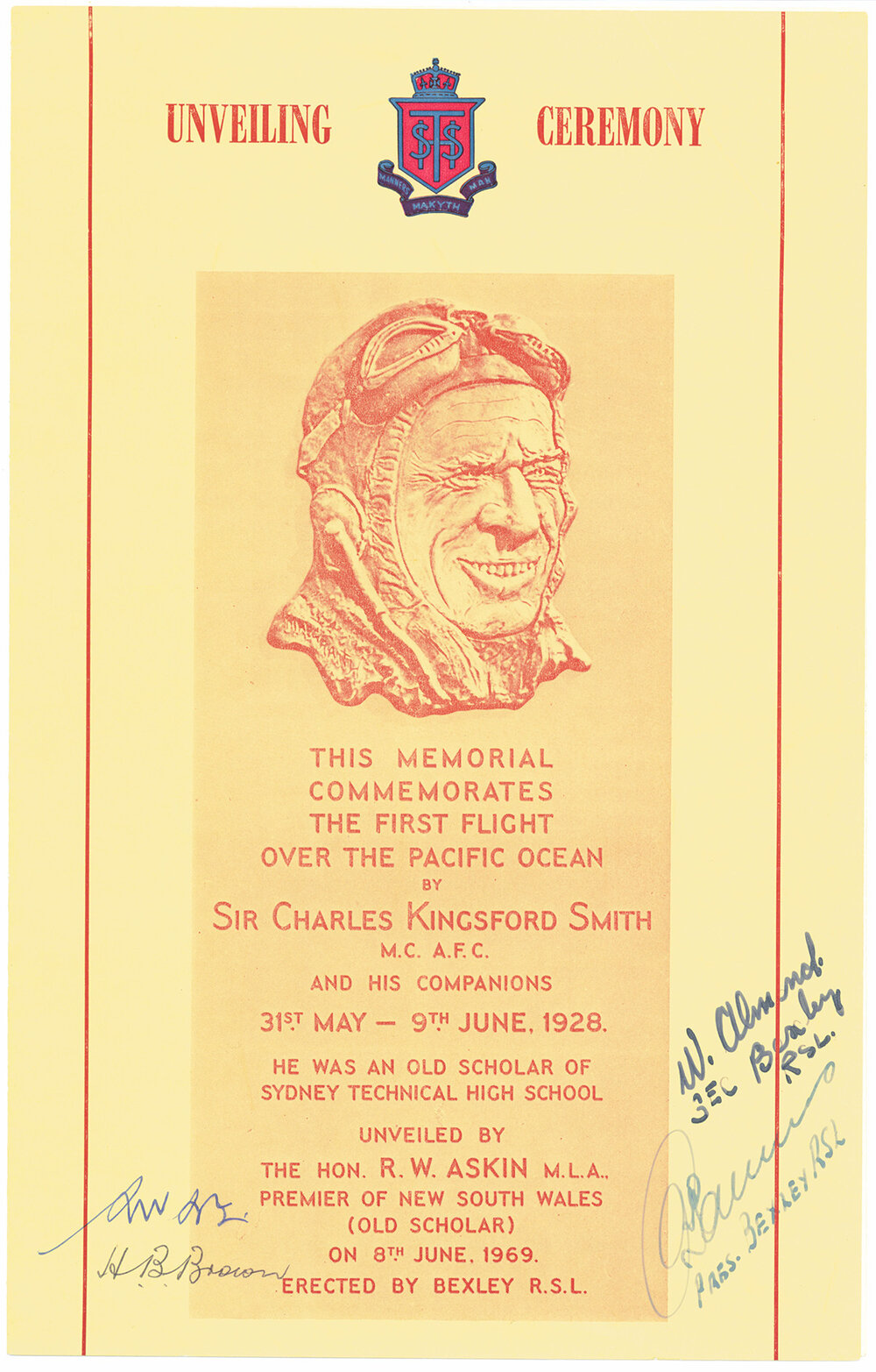 Programme of Unveiling Ceremony of Memorial to Sir Charles Kingsford Smith