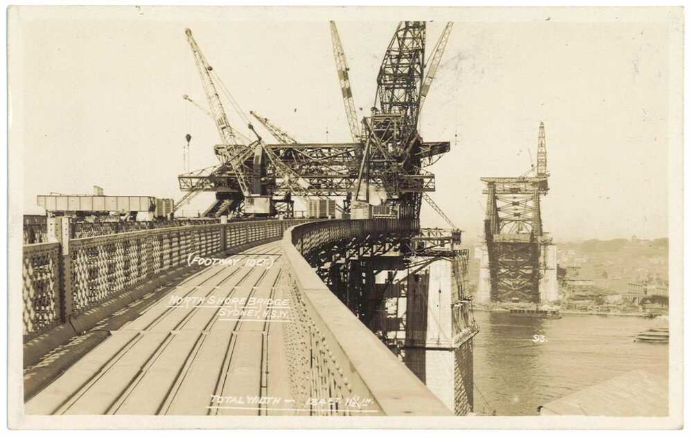 Postcard of construction of Harbour Bridge