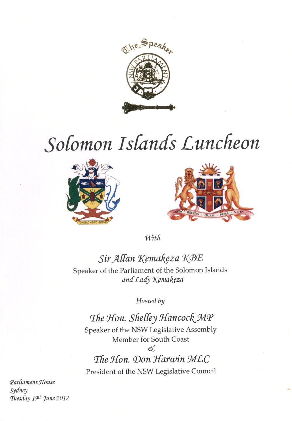 Menu - Luncheon Solomon Island Luncheon, Parliament House - 2012