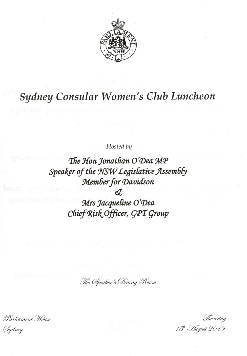 Menu - Luncheon Sydney Consular Womens Club Luncheon, Parliament House - 2019