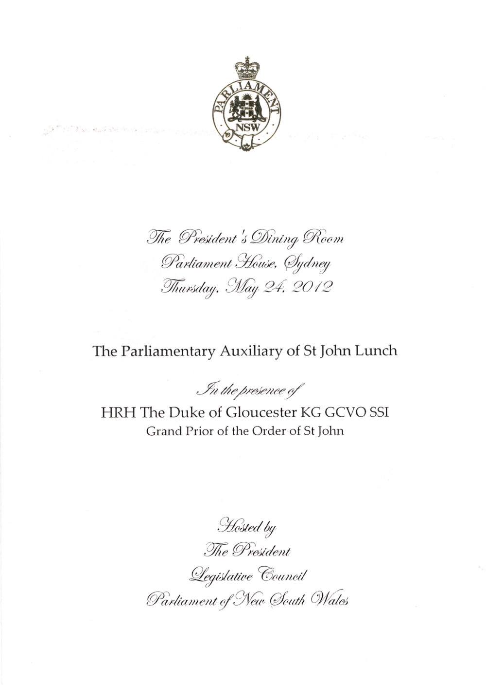 Menu - The Parliamentary Auxiliary of St John Lunch, Parliament House - 2012