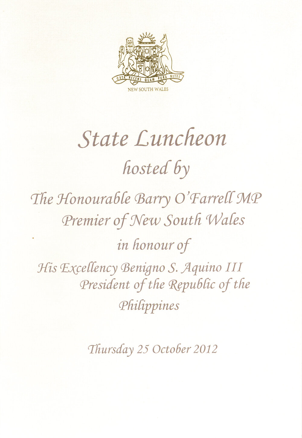 Menu - Luncheon Benigno S. Aquino III, President of the Philippines - 2012