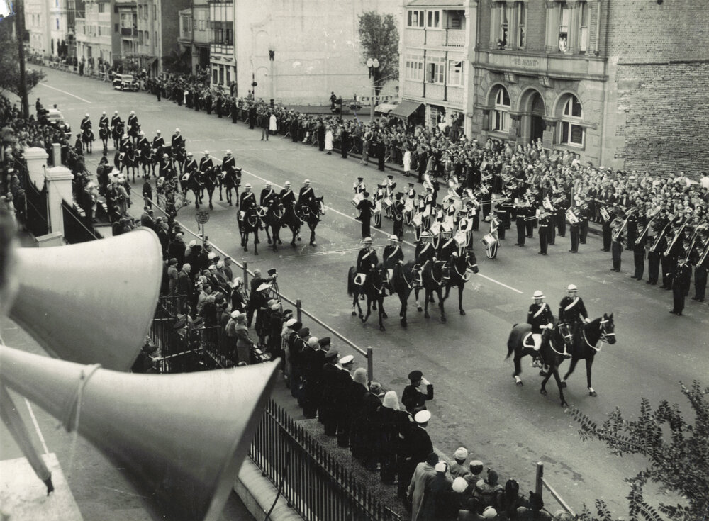 Mounted Police march past Parliament House - Opening 39th Parliament - 1959