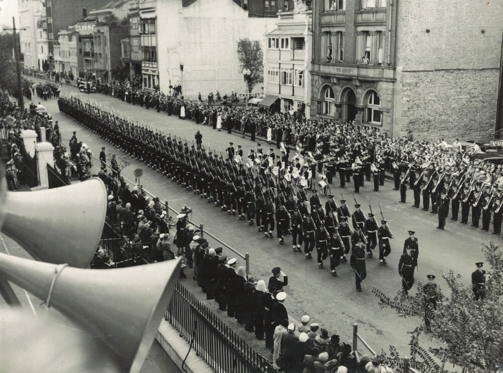 Marching past Parliament House - Opening 39th Parliament - 1959
