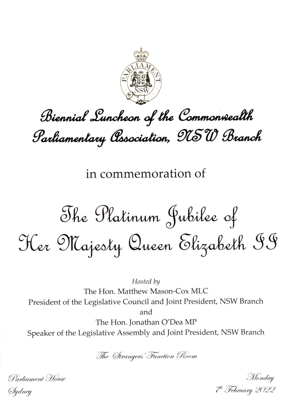 Menu - Luncheon Commonwealth Parliamentary Association, NSW Branch; Platinum Jubilee of Queen Elizabeth II, Parliament House - 2022