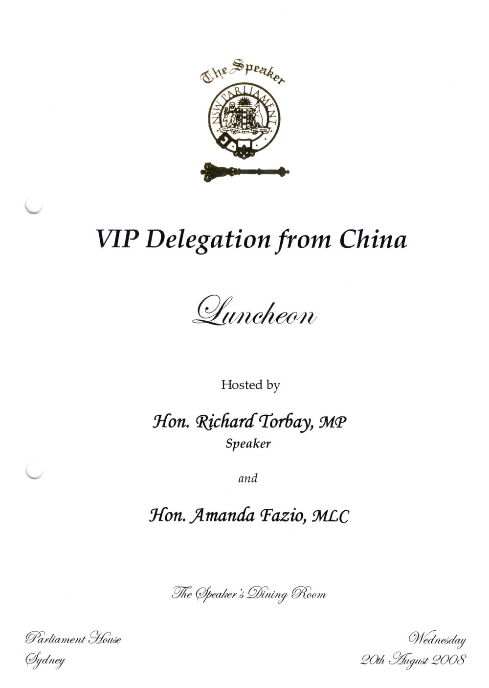 Menu - Luncheon VIP delegation from China, Parliament House - 2008 