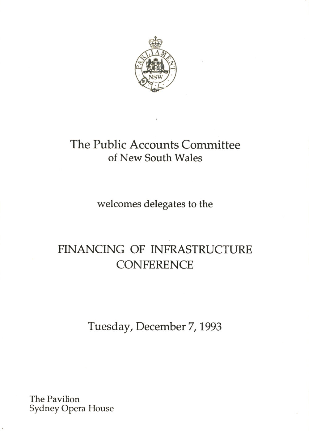 Menu - Financing of Infrastructure Conference, Parliament House - 1993