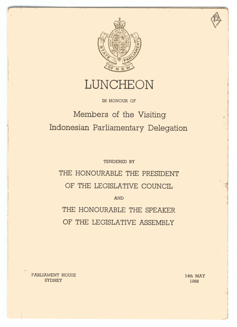 Menu - Luncheon Members of the visiting Indonesian Parliamentary Delegation, Parliament House - 1968