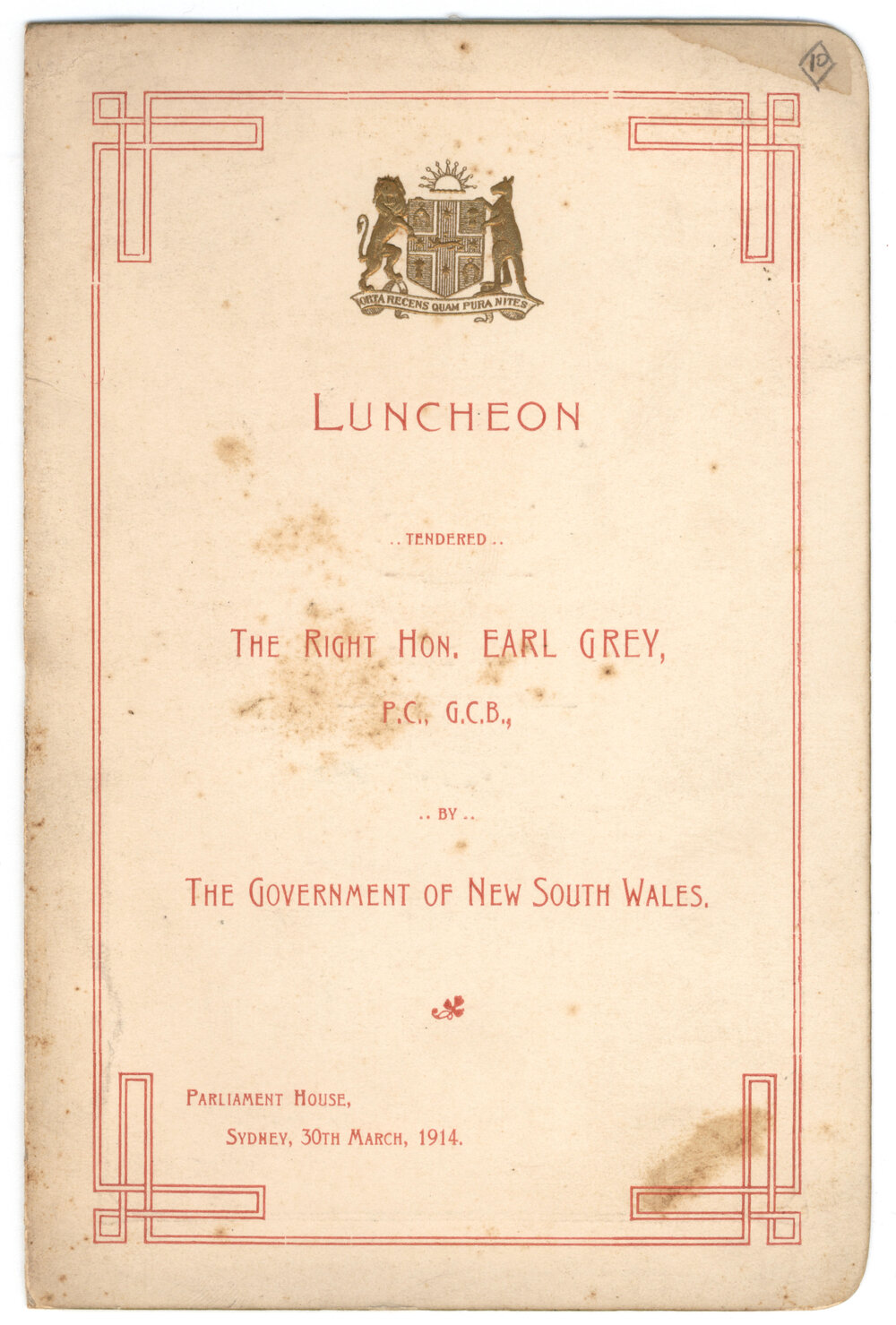 Menu Luncheon - The Right Hon. Earl Grey - 1914