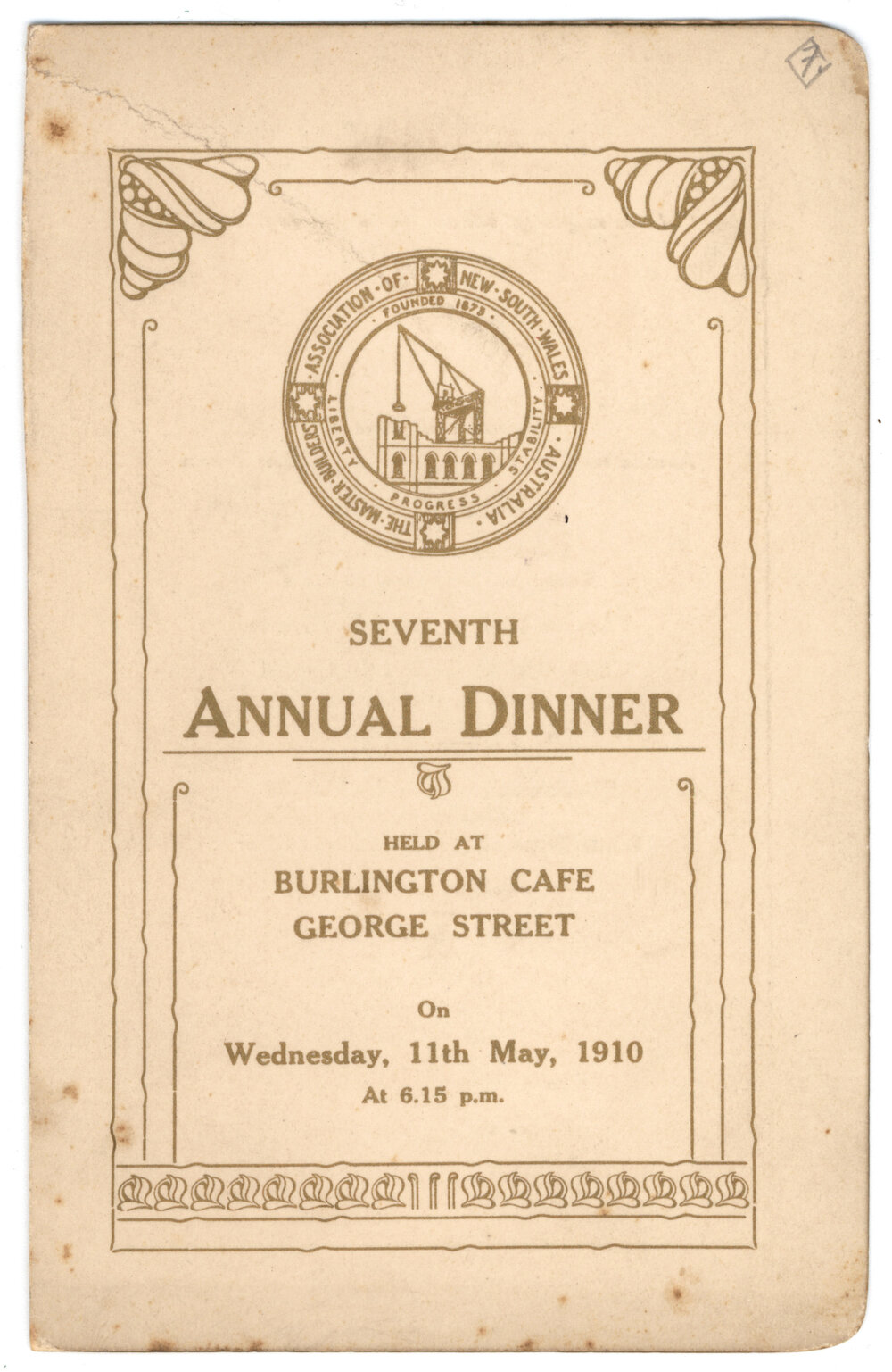 Menu - The Masters Builders Association Seventh Annual Dinner - 1910