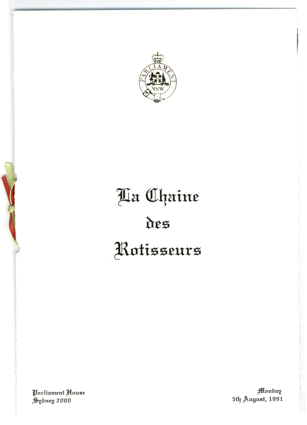 Menu -  Dinner La Chaine des Rotisseurs, Parliament House - 1991