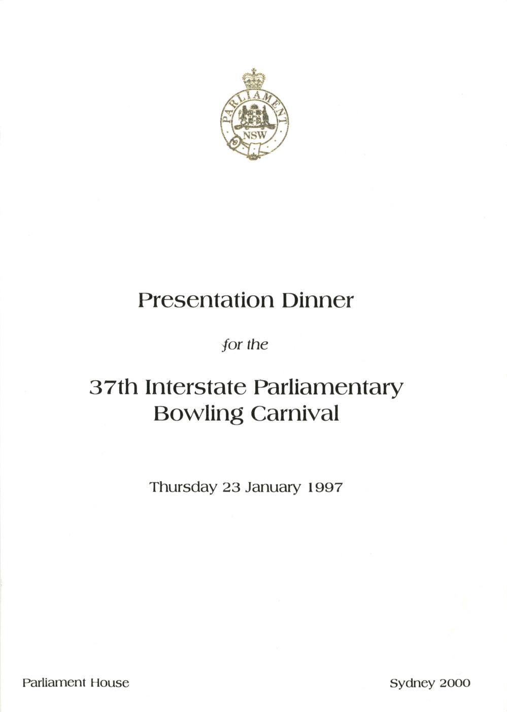 Menu - Dinner 37th Interstate Parliamentary Bowling Carnival, Parliament House - 1997