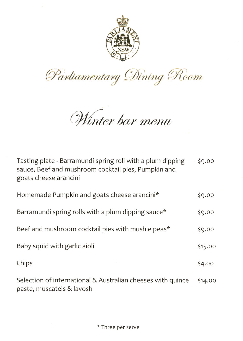 Menu - Winter bar, Parliamentary Dining Room, Parliament House undated