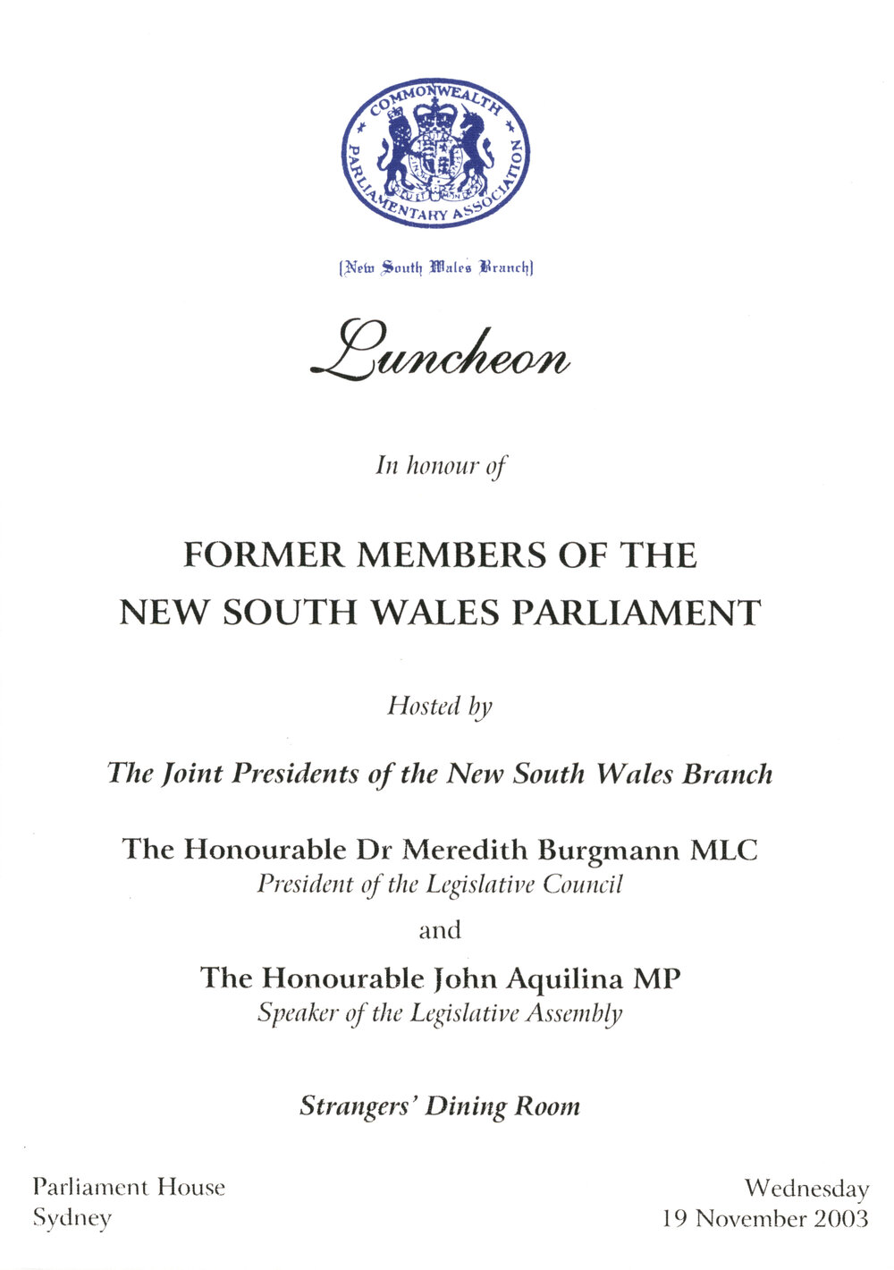 Menu - Luncheon former members of the New South Wales Parliament, Parliament House - 2003