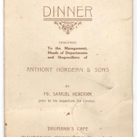 Menu - Dinner, Anthony Hordern & Sons, Baumann’s Cafe - 1910