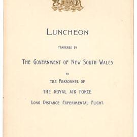 Menu - Luncheon Royal Air Force, Long Distance Experimental Flight, Parliament House - 1938