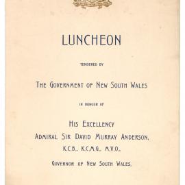 Menu - Luncheon David Murray Anderson, Governor of New South Wales, Parliament House - 1936