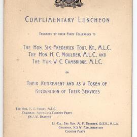 Menu - Luncheon Frederick Tout, Henry Moulder, Walter Cambridge, Parliament House - 1946