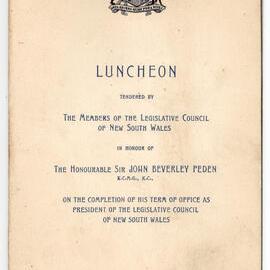 Menu - Luncheon John Beverley Peden, Parliament House - 1946