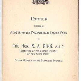 Menu - Dinner Robert Arthur King, MLC, Secretary of the Labour Council of NSW, Parliament House - 1945