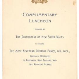 Menu - Luncheon Reverend Giovanni Panico, Parliament House - 1936