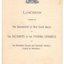 Menu - Luncheon Federal Congress of the Returned Sailors and Soldiers’ Imperial League of Australia, Parliament House - 1935