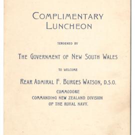 Menu - Luncheon Rear Admiral Fischer Burges Watson, Parliament House - 1934