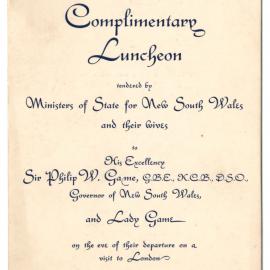 Menu - Luncheon Philip W. Game, Governor of NSW, and Lady Game, Parliament House - 1934