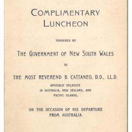 Menu - Luncheon Reverend Bartolomeo Cattaneo, Parliament House - 1933