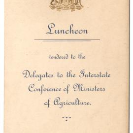 Menu - Luncheon Interstate Conference of Ministers of Agriculture, Parliament House - 1933