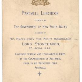 Menu - Farewell luncheon Lord Stonehaven, Governor General and Commander-in-Chief of the Commonwealth of Australia, Parliament House - 1930