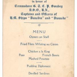 Menu - Luncheon Commodore G. T. C. P. Swabey, Parliament House - 1929