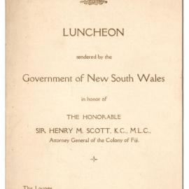 Menu - Luncheon Henry M. Scott, Attorney General of the Colony of Fiji, The Lounge, Legislative Council - 1928