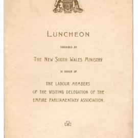 Menu - Luncheon Empire Parliamentary Association, Parliament House - 1926