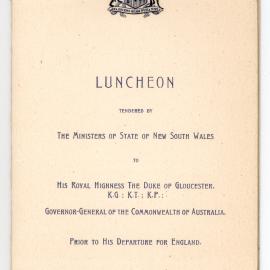 Menu - Luncheon Duke of Gloucester, Governor-General, Parliament House - 1947