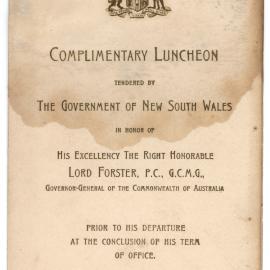 Menu - Luncheon Lord Forster, Governor-General, Parliament House - 1925