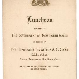 Menu - Luncheon Arthur Alfred Clement Cocks, Colonial Treasurer, Parliament House - 1925 