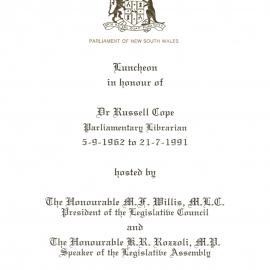 Menu - Luncheon Russell Cope, Parliamentary Librarian, Parliament House - 1991