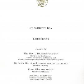 Menu - Luncheon St Andrews Day, Parliament House - 1998