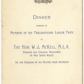 Menu - Dinner, The Honourable W. J. McKell, Premier and Colonial Treasurer of NSW - 1945