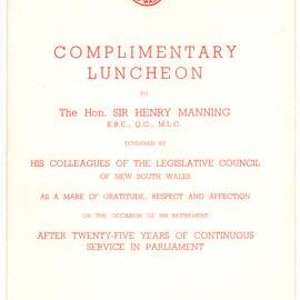 Menu - Luncheon, The Honourable Sir Henry Manning retirement - 1958