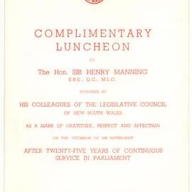 Menu - Luncheon, The Honourable Sir Henry Manning retirement - 1958