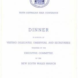 Menu - Dinner, Tenth Australian Area Conference - 1969