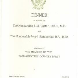 Menu - Dinner, The Hon. J.M. Carter and the Hon. Lloyd Sommerlad - 1968