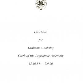 Menu - Luncheon Grahame Cooksley, Clerk of the Legislative Assembly, Parliament House - 1990