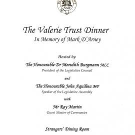 Menu - The Valerie Trust Dinner in memory of Mark D'Arney, Parliament House - 2004